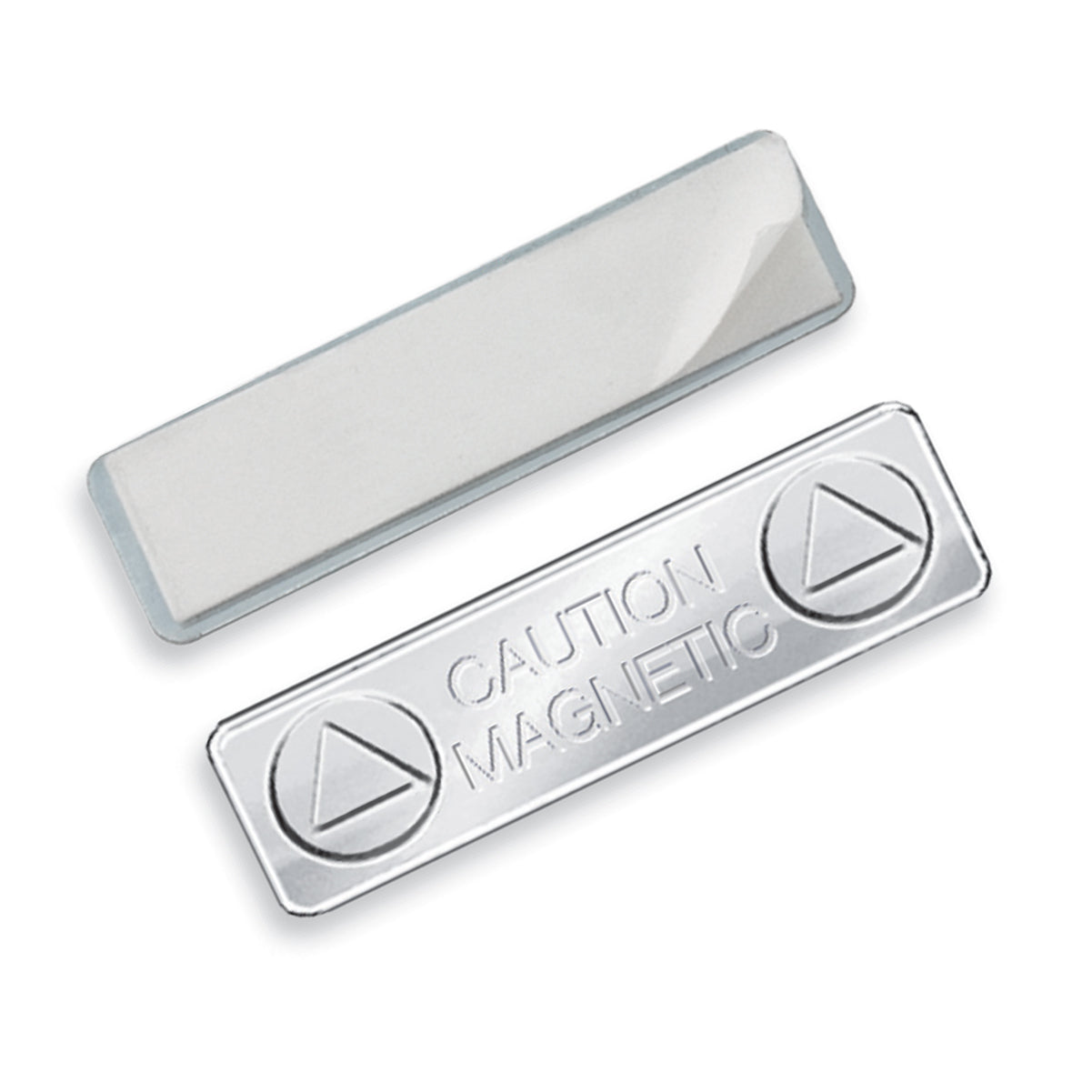 Two rectangular Magnetic ID Badge Holders: The upper one has a plain surface, and the lower one, a Magnetic ID Badge Holder Sticky Back (P/N 5730-3000), has "CAUTION MAGNETIC" inscribed on it.