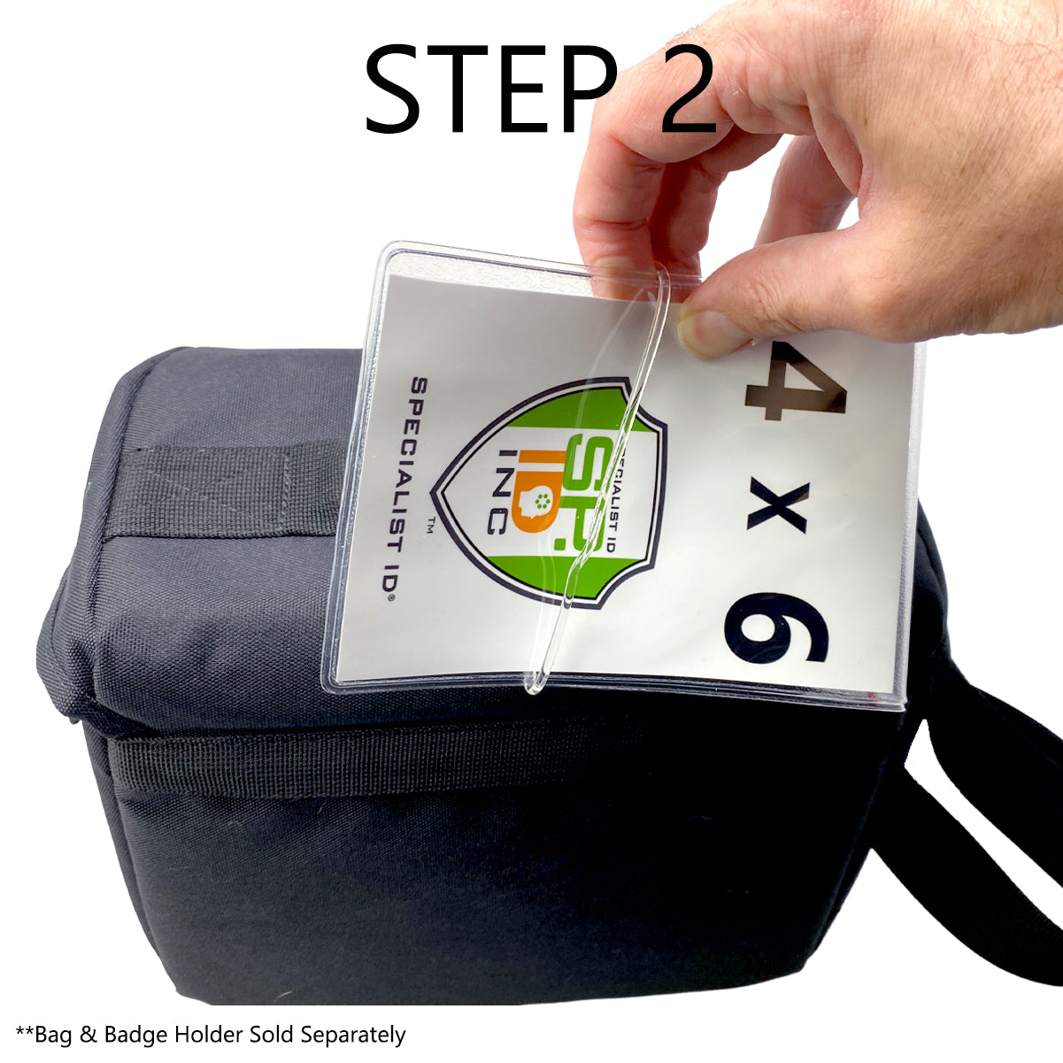 A hand places a 4x6 badge into a clear holder above a black bag with vibrant colored worm loop straps. Text reads "STEP 2," and in smaller print, "Bag & Badge Holder Sold Separately." Product features: 9" Plastic Colored Worm Loop Straps (P/N 2410-210X).