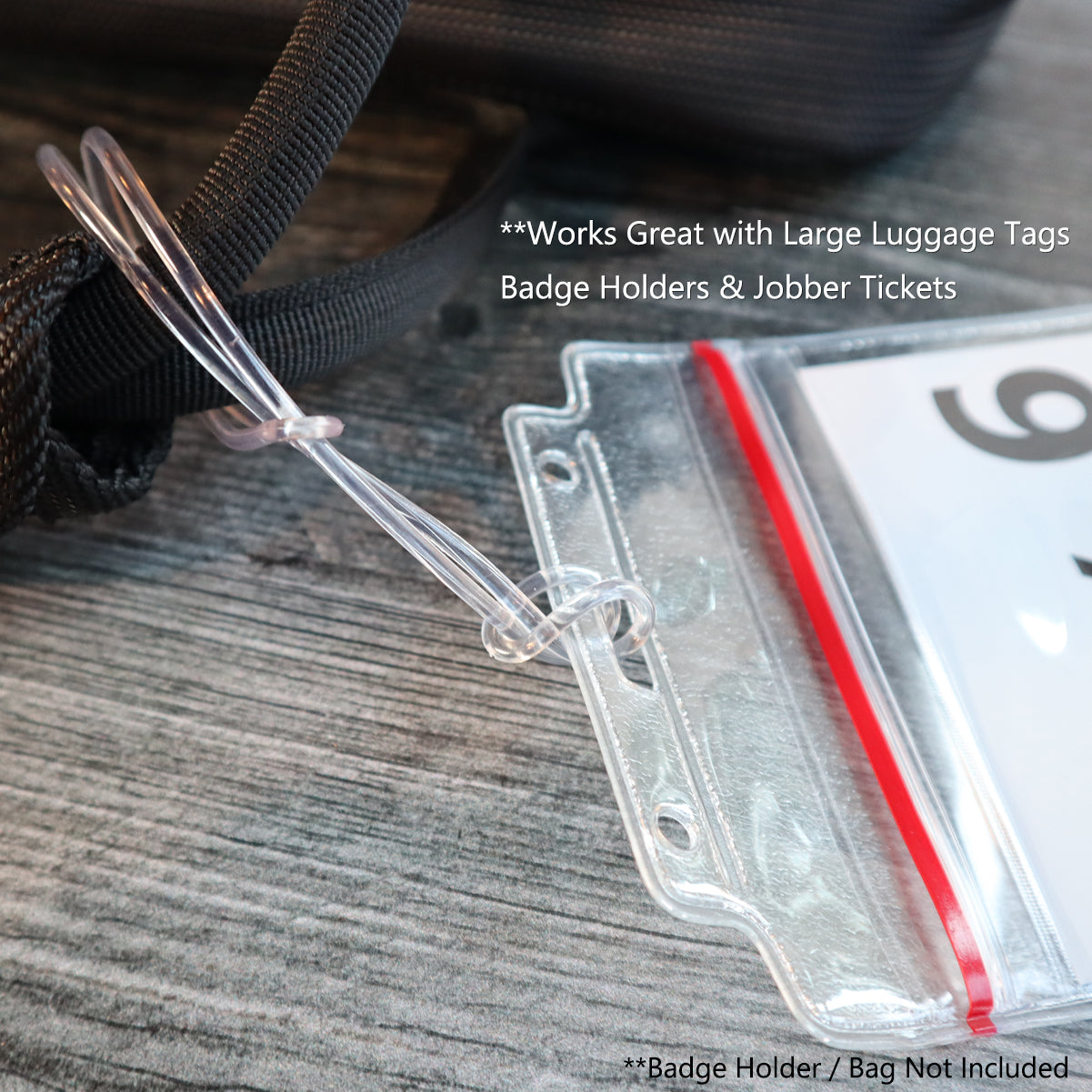 The 9" Plastic Colored Worm Loop Straps (P/N 2410-210X) attach a badge holder to a black strap, fitting large luggage tags. Note: badge holder and bag not included.