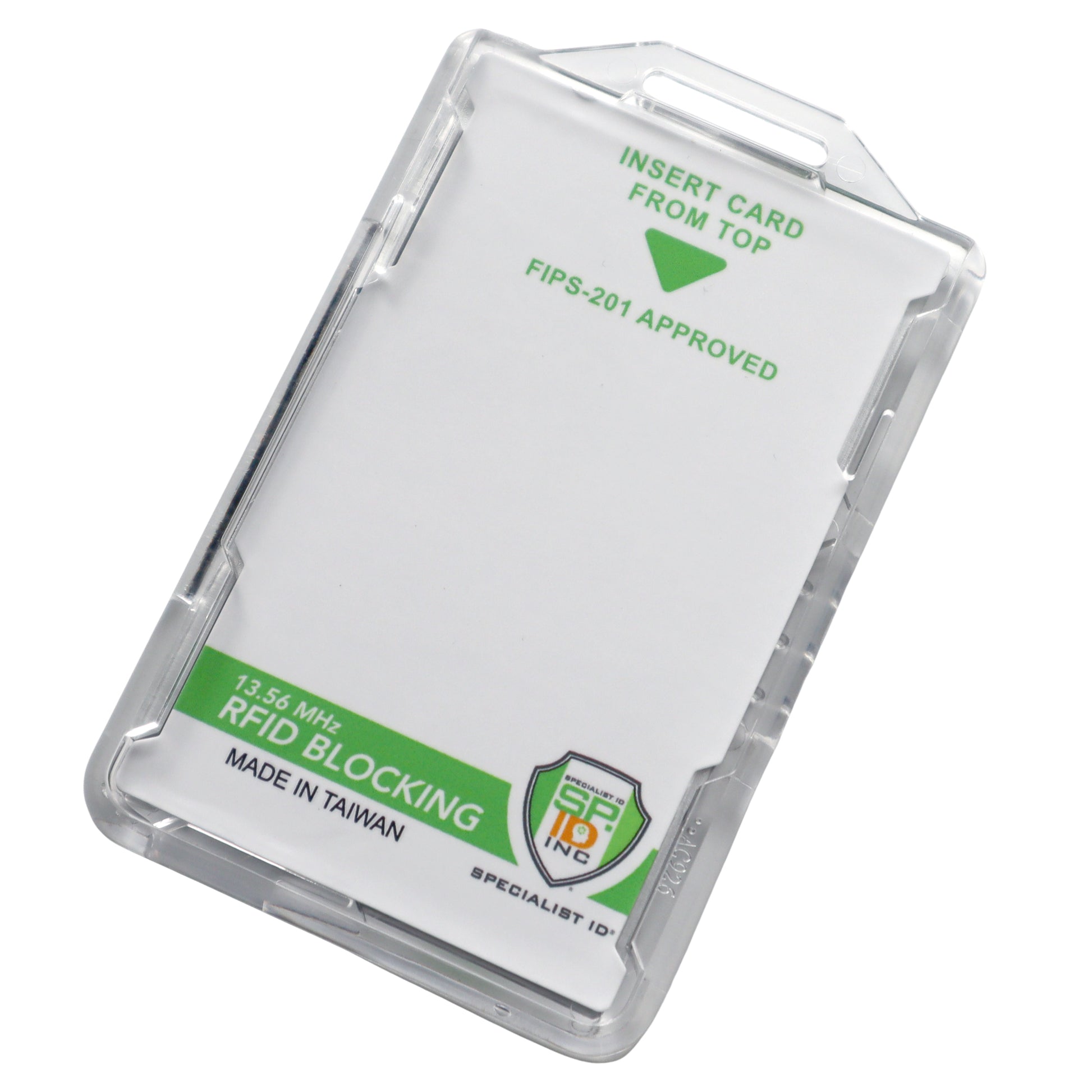 The Specialist ID Dual Sided RFID Blocking Badge Holder is a heavy-duty smart card protector featuring green text for GSA FIPS 201 approval, "Insert Card from Top," and "Made in Taiwan." Ideal for CAC, TWIC, PIV, and Secure ID cards in high-security workplaces.