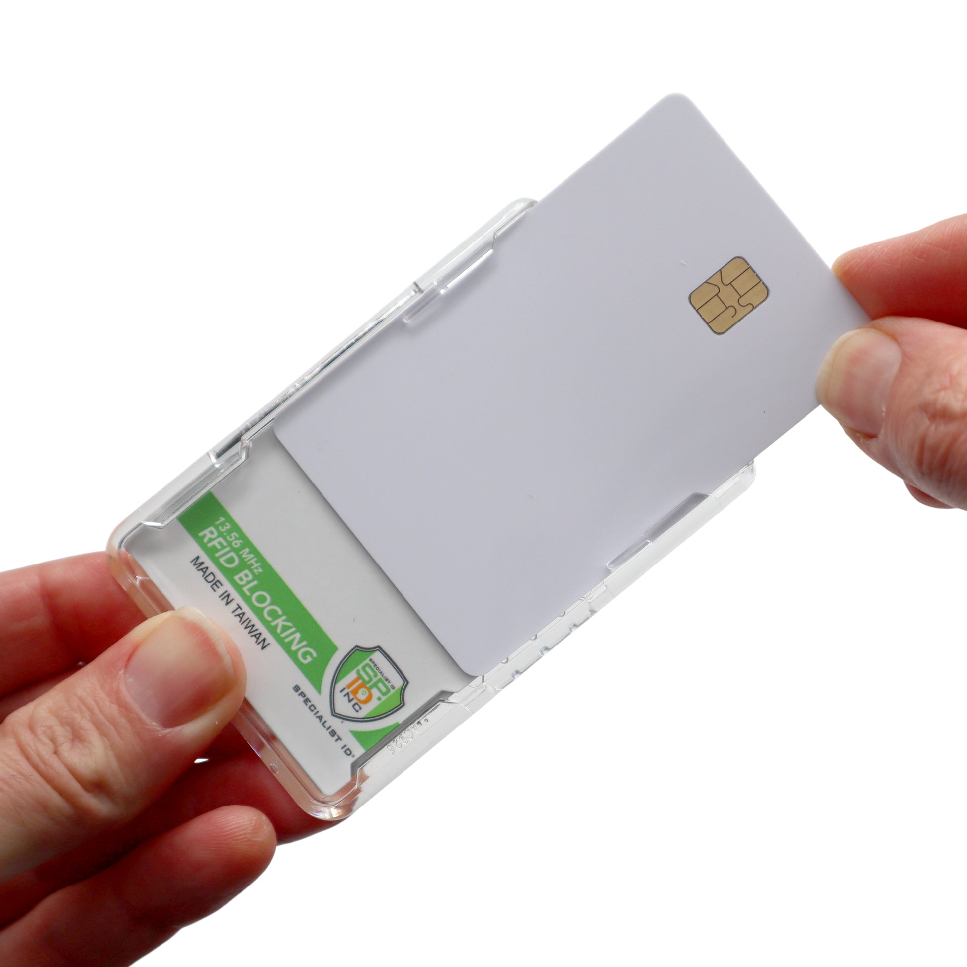 Hands inserting a white contactless card into a transparent Specialist ID Dual Sided RFID Blocking Badge Holder, a GSA FIPS 201-approved heavy-duty smart card protector, ideal for high-security workplaces.