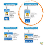 An infographic comparing vertical and horizontal badge holders in standard and extra-large sizes. Each example includes a mock identification card with dimensions and description for **Oversized Custom Vertical Badge Buddy XL- (Extra Large Size)** for medical professionals.