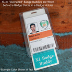 A badge holder containing an ID card with the name Rafael Smith, job title Operations, and a join date of March 2021, with an Oversized Custom Vertical Badge Buddy XL- (Extra Large Size) behind it on a wooden surface.