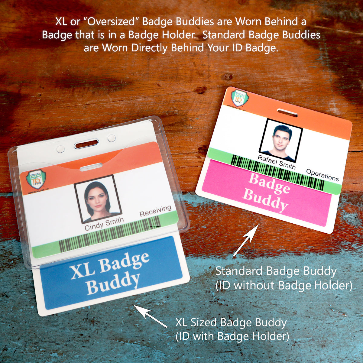 Two ID badges are shown: one labeled "Standard Badge Buddy" and the other "Oversized STUDENT NURSE Badge Buddy - XL Badge Backer for Student Nurses - Horizontal Hospital ID Badge Buddies." The Oversized STUDENT NURSE badge, with its durable design, is worn behind an ID badge in a holder, while the standard badge is behind a loose ID badge. Ideal for a clinical environment, ensuring clear identification.