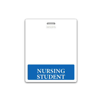 A white ID badge with a blue section at the bottom displays the text "NURSING STUDENT" in capital letters, making it an ideal Oversized NURSING STUDENT Badge Buddy - XL Badge Backer for Nursing Students - Horizontal Hospital ID Badge Buddies for use in clinical settings.