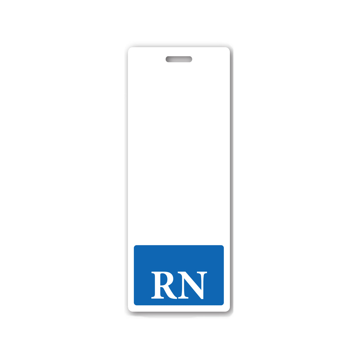 A white vertical badge with a blue rectangle at the bottom, featuring the initials "RN" in white text—ideal as an Oversized RN Badge Buddy - Extra Large Badge Buddies for Registered Nurse - Vertical Hospital ID Badge Backer for clear registered nurse identification.