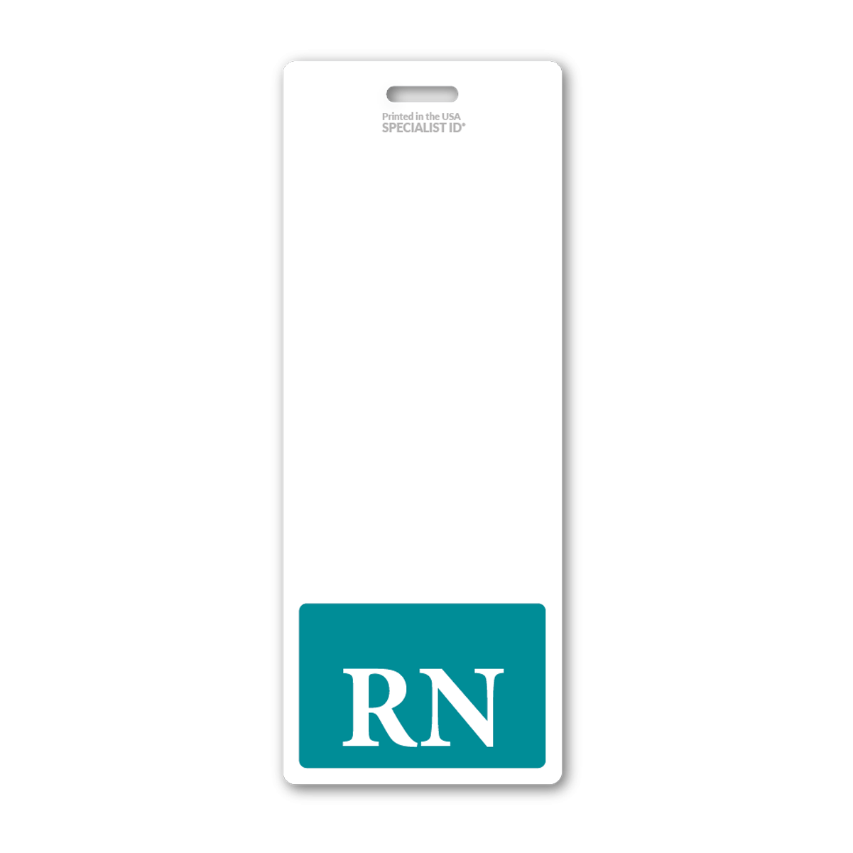 A white vertical Oversized RN Badge Buddy - Extra Large Badge Buddies for Registered Nurse - Vertical Hospital ID Badge Backer with a teal block at the bottom containing the letters "RN" in white, perfect for a registered nurse identification.