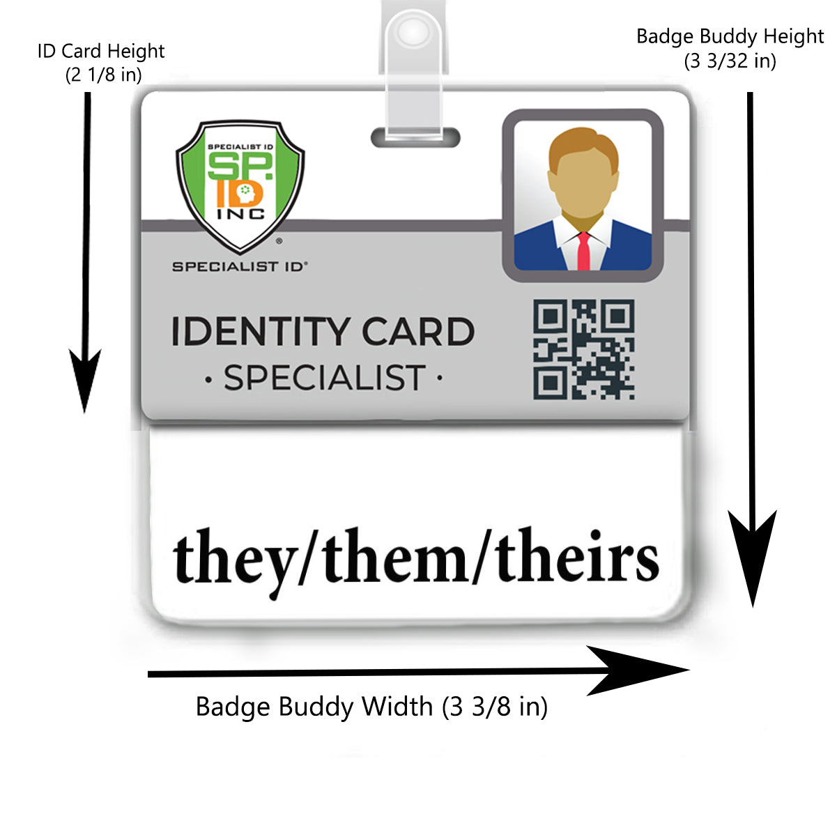 Enhance diversity inclusion with an identity card complete with the Pronouns Badge Buddy "They/Them/Theirs" featuring a horizontal design and white border. The ID is 2 1/8 in, while the Badge Buddy measures 3/32 in height by 3 3/8 in width.