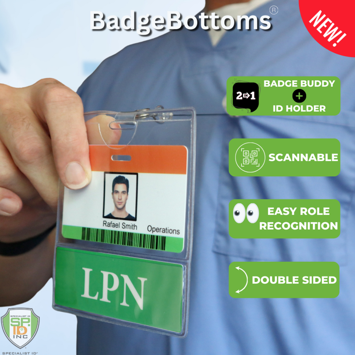 Person holding an LPN BadgeBottom Badge Holder & LPN Badge Buddy IN ONE!! - Horizontal ID Badge Sleeve with Bottom Role Tag for Nurses with a scannable QR code. Text highlights features: badge buddy + ID holders, durable composite material, easy role recognition, double-sided.