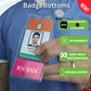 Close-up of a person holding a double-sided RN BSN BadgeBottom Badge Holder & Badge Buddy IN ONE!! - Vertical ID Badge Sleeve with Bottom Role Tag for Registered Nurses featuring a photo ID badge and a bottom role identifier with "RN BSN." These innovative badge holders are scannable, offer easy role recognition, and boast a convenient 2-in-1 design.