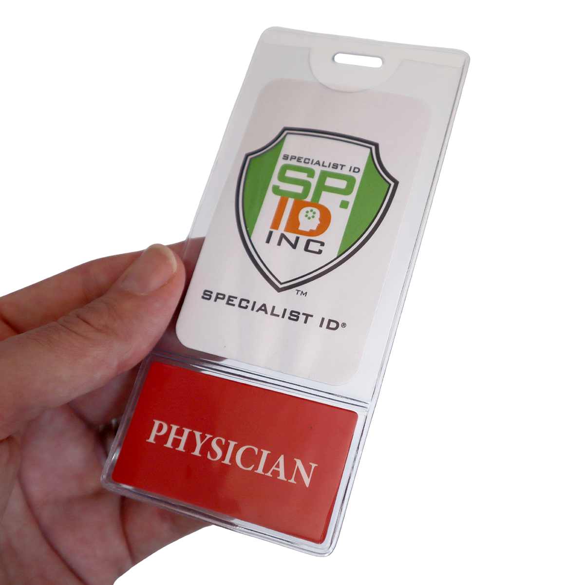 A person holds a PHYSICIAN BadgeBottom Badge Holder & Badge Buddy IN ONE!! - Vertical ID Badge Sleeve with Bottom Role Tag for Doctors with a "SP INC Specialist ID" logo on top and a red section labeled "Physician" at the bottom, showcasing customizable titles for healthcare professionals.