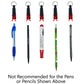 Five pens and pencils with mini keychain lights above, marked with red Xs. Text below reads: "Not Recommended for the Pens or Pencils Shown Above," even if they come with a SPID-3220 retractable pen/pencil holder.