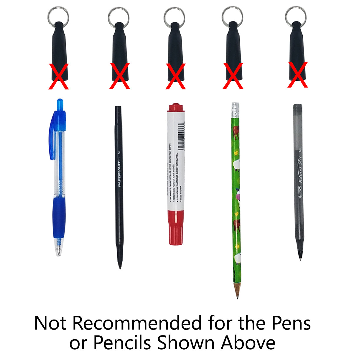 Five pens and pencils with mini keychain lights above, marked with red Xs. Text below reads: "Not Recommended for the Pens or Pencils Shown Above," even if they come with a SPID-3220 retractable pen/pencil holder.