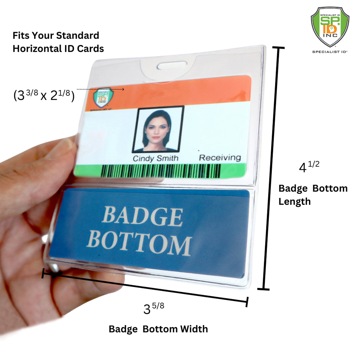 A hand holding an ID badge holder with a photo and text label reading "Cindy Smith Receiving." The LPN BadgeBottom Badge Holder & LPN Badge Buddy IN ONE!! - Horizontal ID Badge Sleeve with Bottom Role Tag for Nurses, made from durable composite material, features a clear plastic compartment and measures 4½ inches in length by 3⅝ inches in width.