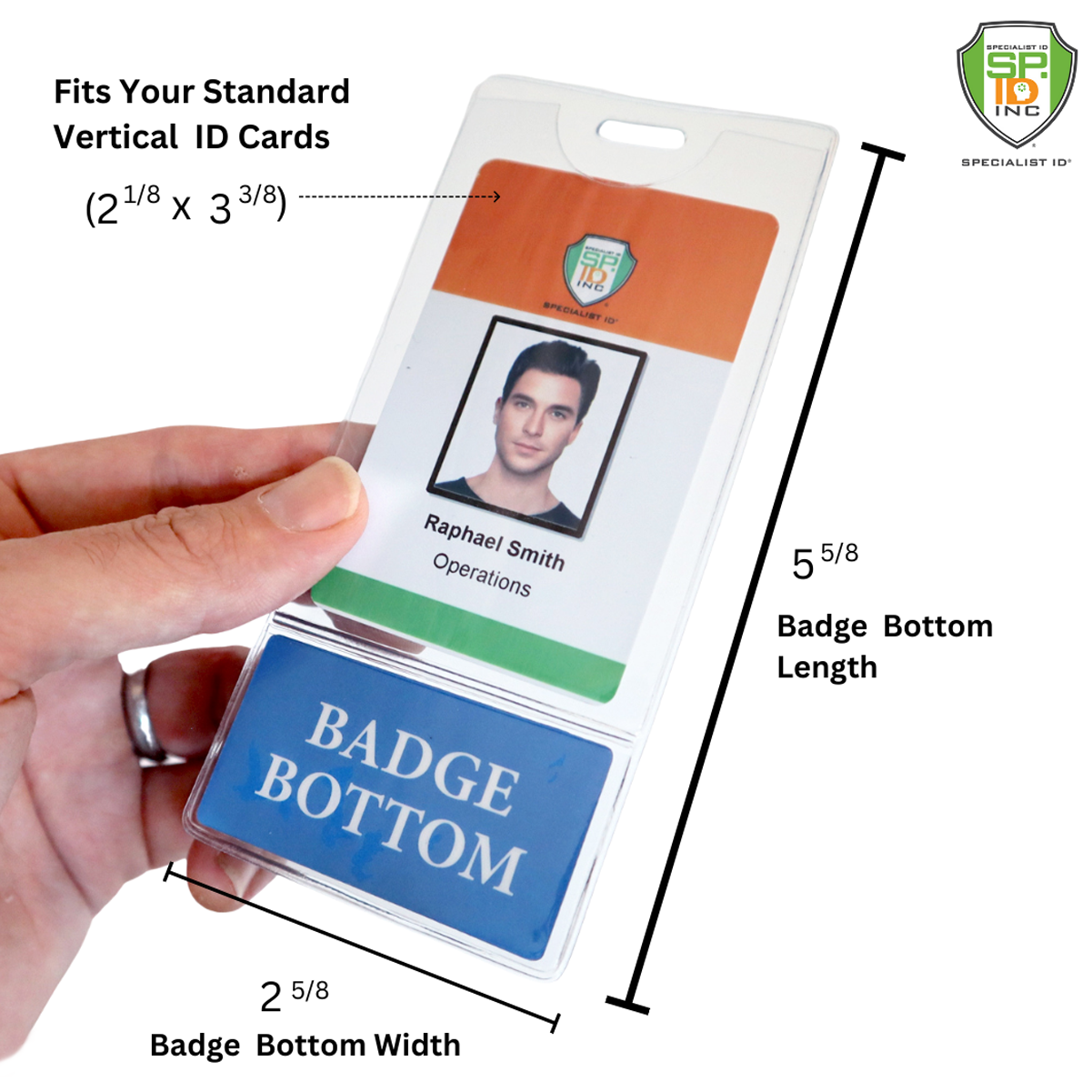 A hand holding a vertical RN BSN BadgeBottom Badge Holder & Badge Buddy IN ONE!! - Vertical ID Badge Sleeve with Bottom Role Tag for Registered Nurses with dimensions labeled. The badge holder fits standard ID cards, ideal for RN BSN credentials, and includes an additional section labeled "Badge Bottom.