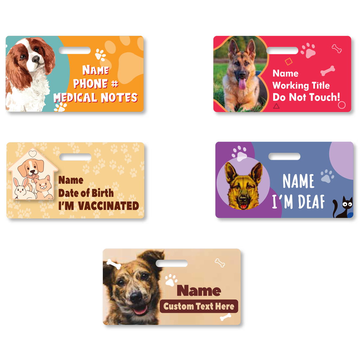 Five Vertical Custom Hospital ID Badge Toppers with different designs and colors, displaying various information including name, phone number, medical notes, working title, vaccination status, and a custom text option. Each tag acts like a customizable badge attachment for your pet's unique needs.