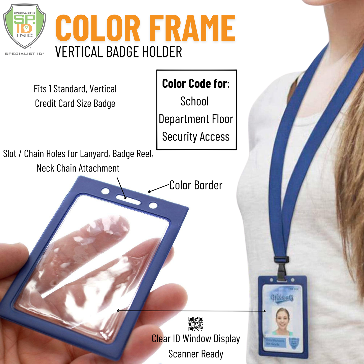 Image of a person wearing a lanyard with a Vertical Vinyl Color Frame Badge Holder (P/N 1820-300x). The badge holder features a color border, clear ID window display, and holes for attaching a lanyard, badge reel, or neck chain.