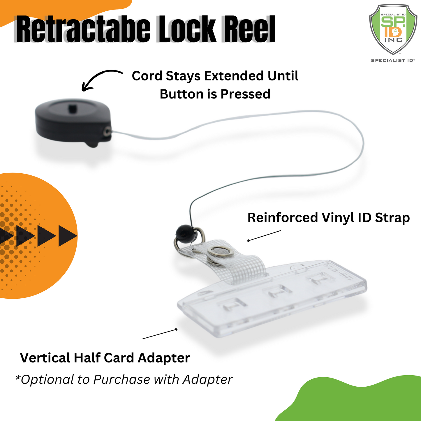 The Lock-A-Reel Self-Locking PIV Card Reel features a reinforced vinyl ID strap with a vertical half card adapter. The cord remains extended until the button is pressed for secure badge display; the adapter is an optional purchase.