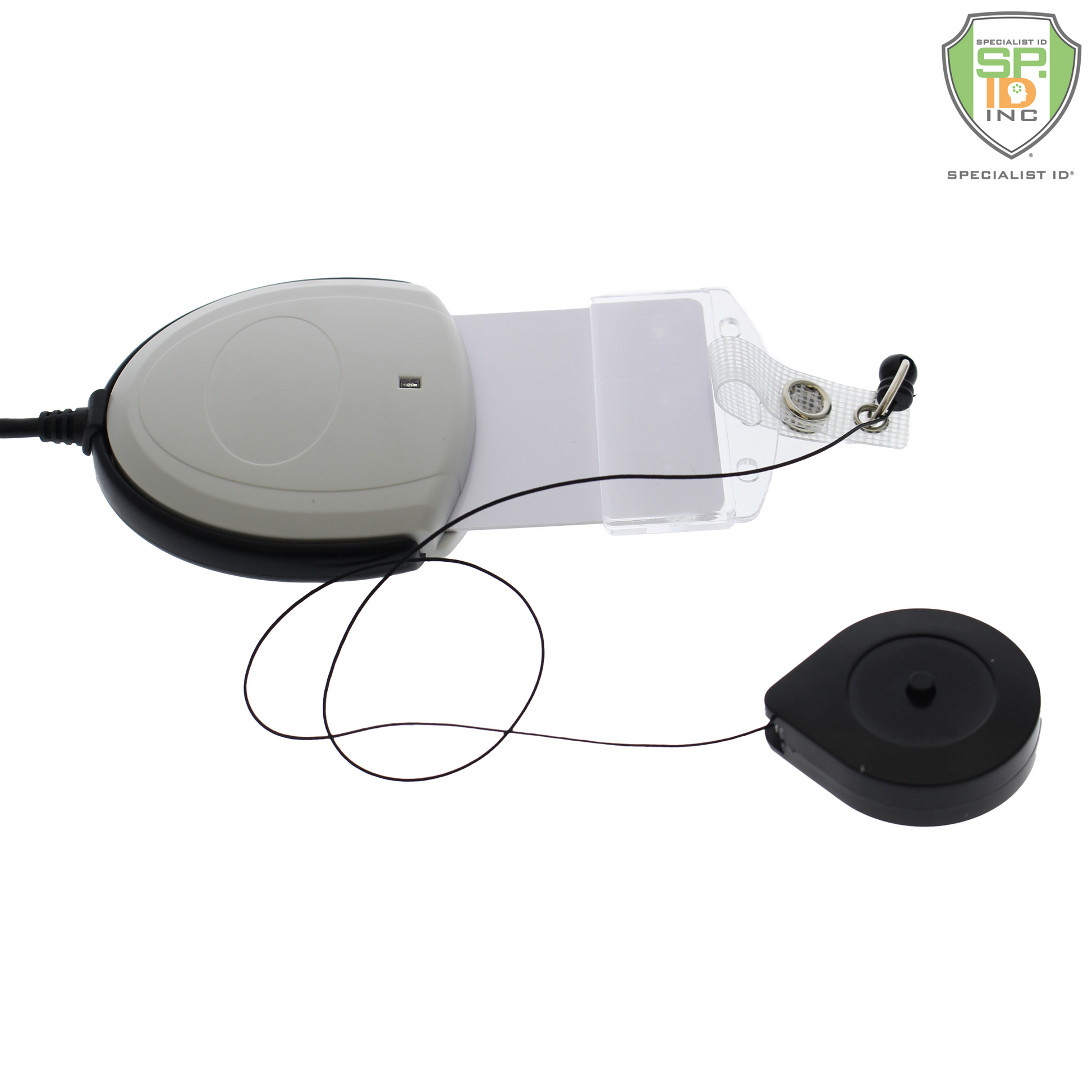 The Lock-A-Reel Self Locking PIV Card Reel combines an ID card reader with a black and gray retractable badge holder against a white background.