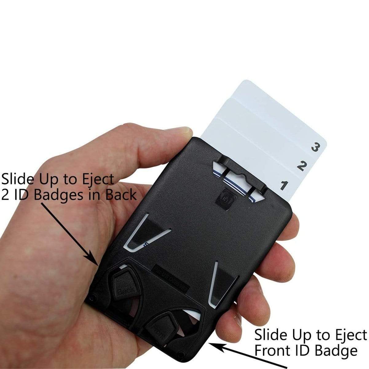 A hand holds the Specialist ID Top Loading THREE ID Card Badge Holder, displaying three white ID cards labeled 1, 2, and 3. It features smooth sliding mechanisms for effortless ejection of front and back cards.