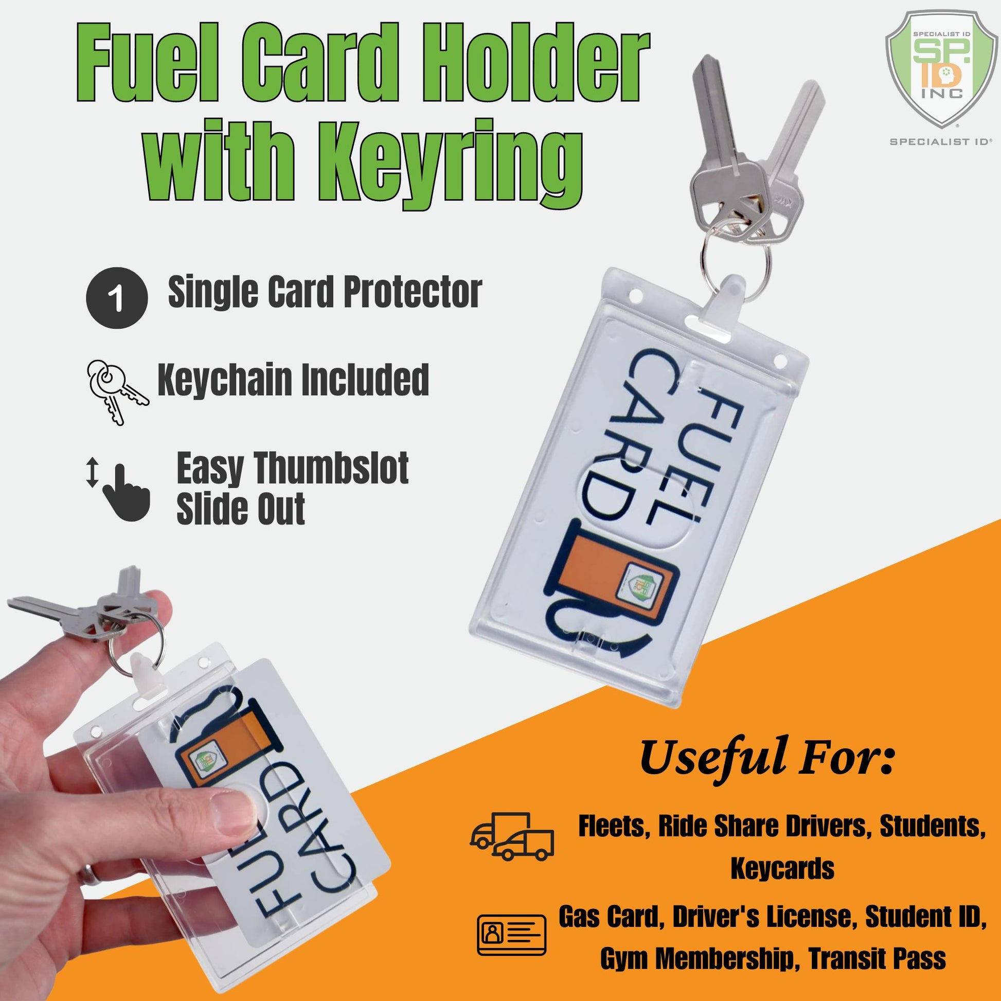 The Rigid Fuel Card Holder with Key Ring features a single card protector and easy thumbslot slide out, making it perfect for holding various cards such as gas cards, student IDs, and transit passes. Additionally, it provides ID badge protection and comes with a convenient keychain.