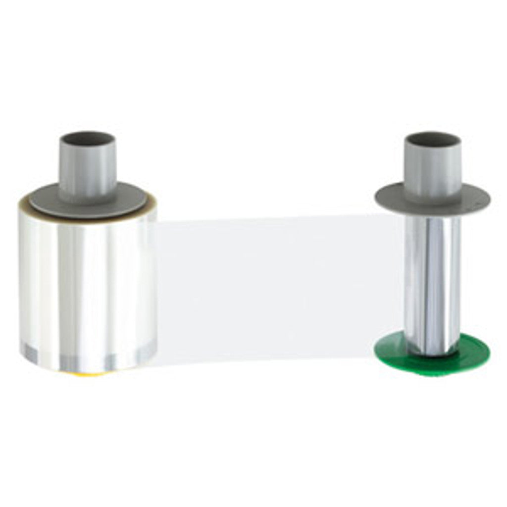 Plastic film ribbon roll, partially unrolled and suspended between two cylindrical cores, with Fargo 84800 Clear Retransfer Film for the HDP8500 extending between them.