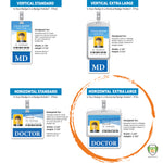 This image shows four different sizes of badge holders: Vertical Standard, Vertical Extra Large, Horizontal Standard, and Horizontal Extra Large. Each includes a sample doctor ID badge for sizing reference. For added functionality, the Oversized Custom Printed Horizontal XL Badge Buddy (Extra Large Size) offers enhanced ID badge recognition.