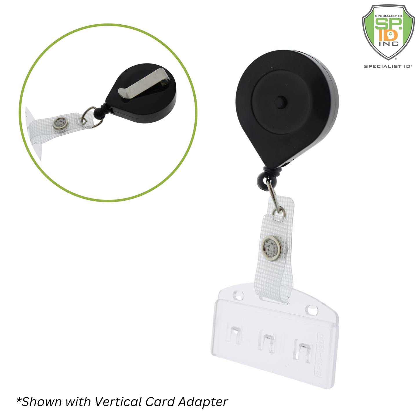 The Lock-A-Reel Self Locking PIV Card Reel is a black retractable badge reel featuring a vertical card adapter and a back clip, ensuring secure ID badge display with its self-locking mechanism.