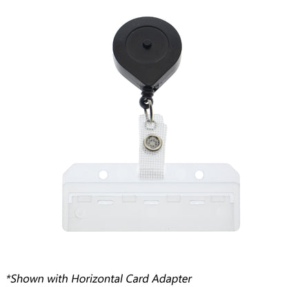 Lock-A-Reel Self Locking PIV Card Reel with self-locking adapter and clip shown on white background. Note: "*Shown with Horizontal Card Adapter.