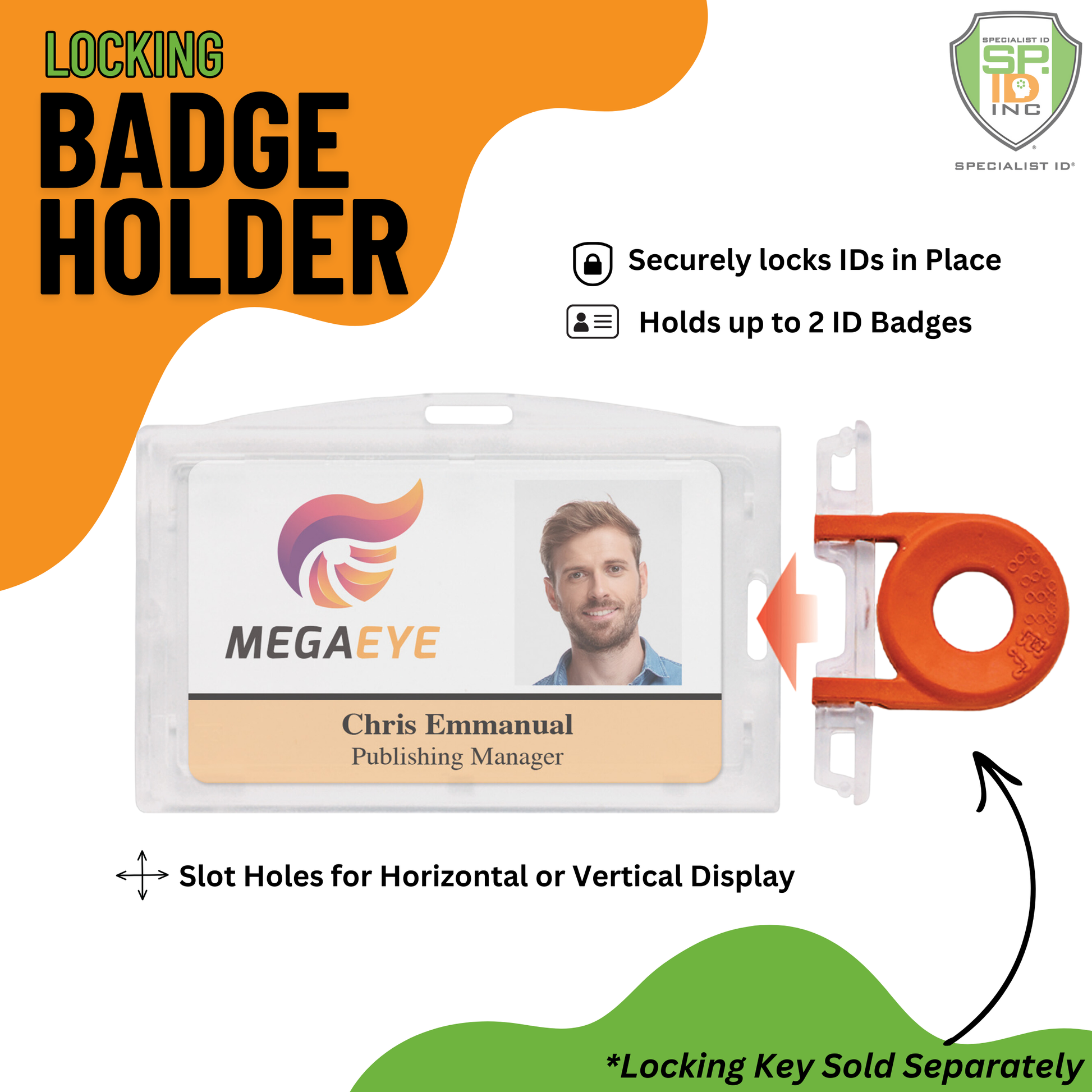 The Clear Horizontal Locking Plastic Card Holder (P/N 1840-6610) displays "Chris Emmanuel, Publishing Manager's" ID in a transparent case. It holds up to two badges and has slots for horizontal or vertical display. Key is sold separately.