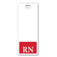 White identification badge with a red section at the bottom containing the letters "RN" in white. Text at the top reads "Printed in the USA SPECIALIST ID." This Oversized RN Badge Buddy - Extra Large Badge Buddies for Registered Nurse - Vertical Hospital ID Badge Backer is perfect for any registered nurse seeking clear and professional identification.