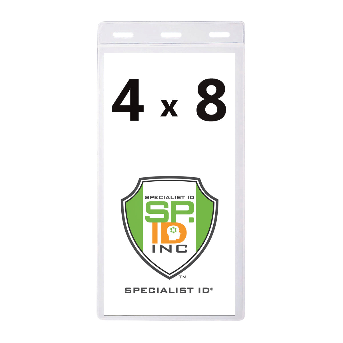 The 4x8 Inch Extra Large Ticket or Credential Holder with 3 Euro Slots (SPID-1040) features a clear plastic design showcasing the text "4 x 8" above a green and yellow shield logo inscribed with "Specialist ID Inc." Perfect for event passes, this oversized vinyl badge holder ensures your credentials are both secure and visible.