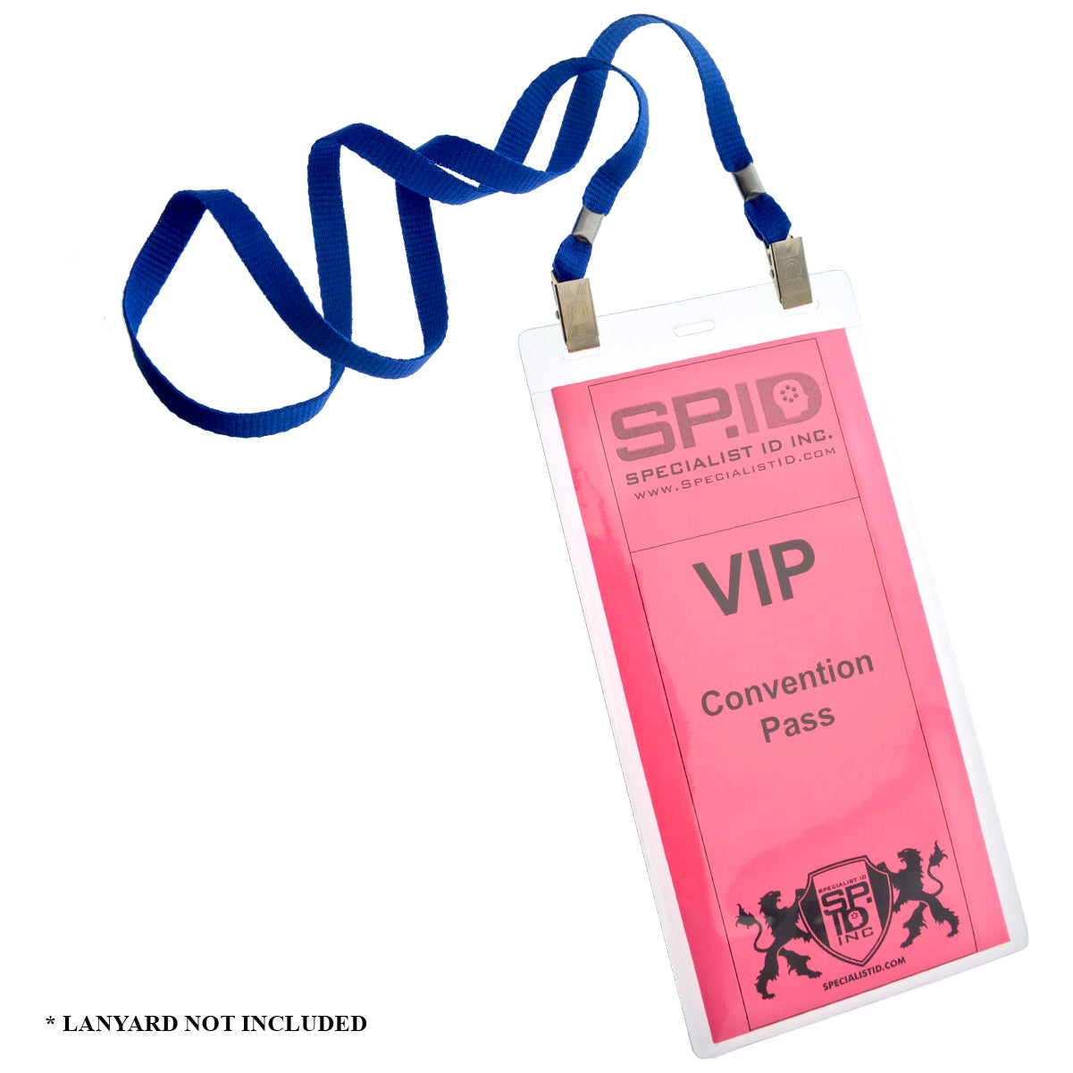 The 4x8 Inch Extra Large Ticket or Credential Holder With 3 Euro Slots SPID-1040 features a pink VIP convention pass with a blue lanyard attached, showcasing the Specialist ID Inc. logo. The clear vinyl badge holder prominently displays the disclaimer "Lanyard Not Included" at the bottom. It's perfect for large-format tickets, ensuring both convenience and style at any event.