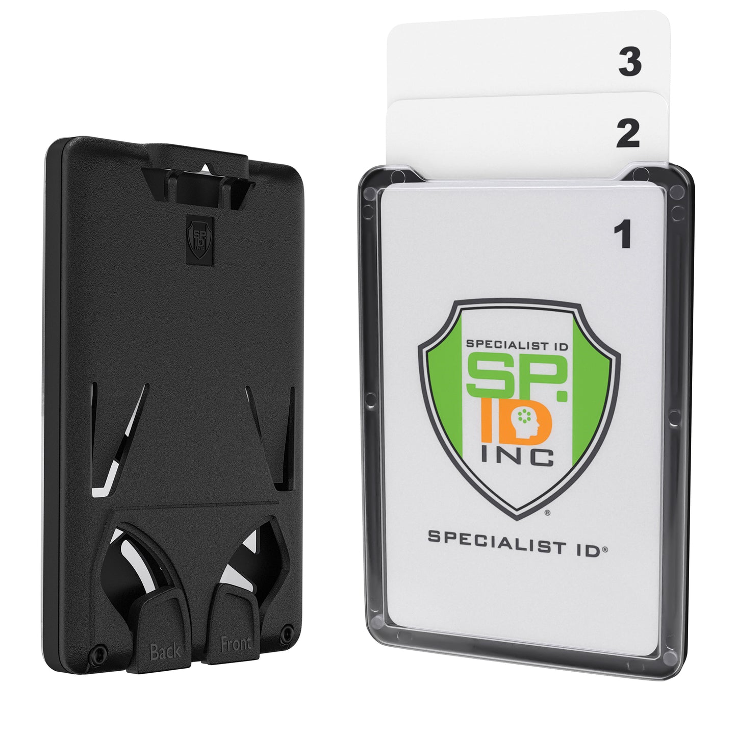 A Three Card Vertical ID Badge Holder B-Holder, designed to hold up to three ID badges, displays a card next to another black plastic ID badge holder. Both holders feature numbered cards and showcase a green and orange shield logo with the text "SP Inc Specialist ID" on their clear front panels.