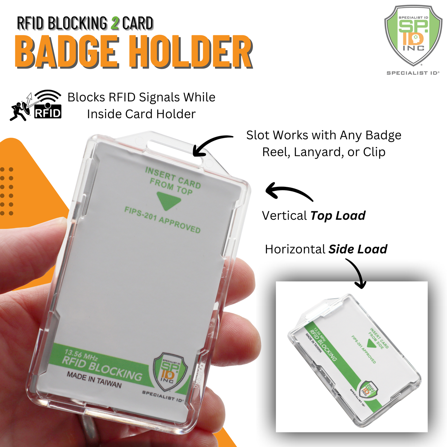 The Specialist ID Dual Sided RFID Blocking Badge Holder (AC-916) is GSA FIPS-201 approved, accommodating badge reels, lanyards, or clips. Ideal for high-security sites, it offers vertical top load and horizontal side load options for CAC, TWIC, PIV, and secure ID cards.