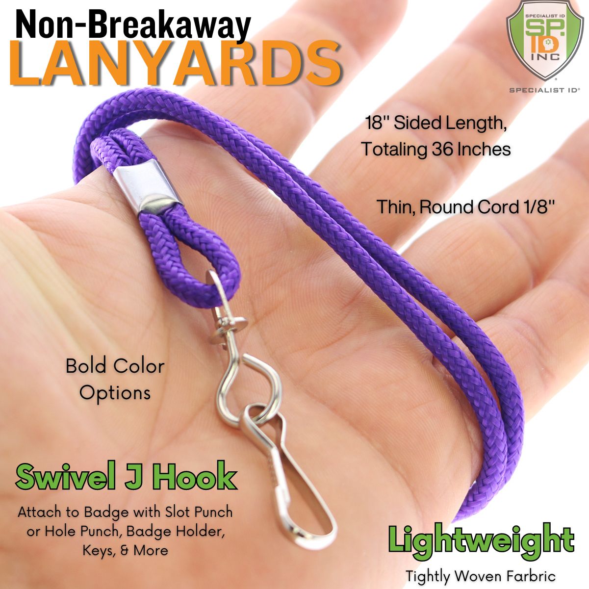 Image of the Standard Non-Breakaway Round Lanyard with a Metal Swivel Hook (2135-300X) in purple. Text highlights features: "18" Side Length, Totaling 36 Inches," "Thin, Round Braided Cord 1/8"," "Bold Color Options," and "Lightweight, Tightly Woven Fabric.