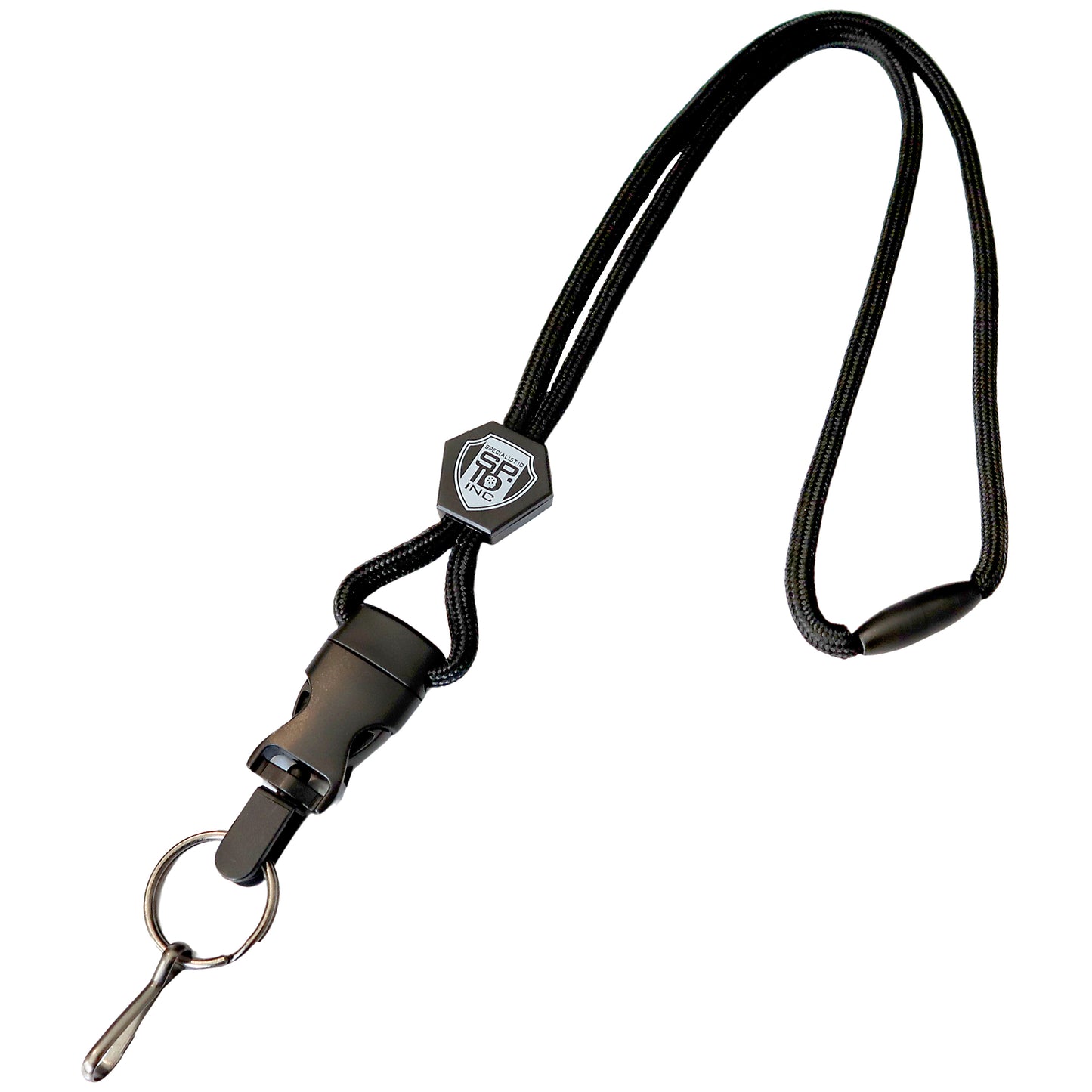 The Heavy Duty Breakaway Lanyard (SPID-2460) for ID badges and keys features a black color with a metal hook clasp, adjustable hexagonal stopper, and detachable key ring for added convenience.