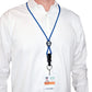 A person in a white shirt is wearing a Heavy Duty Breakaway Lanyard for ID Badges & Keys - Quick Release Keychain Lanyard (SPID-2460) in blue.