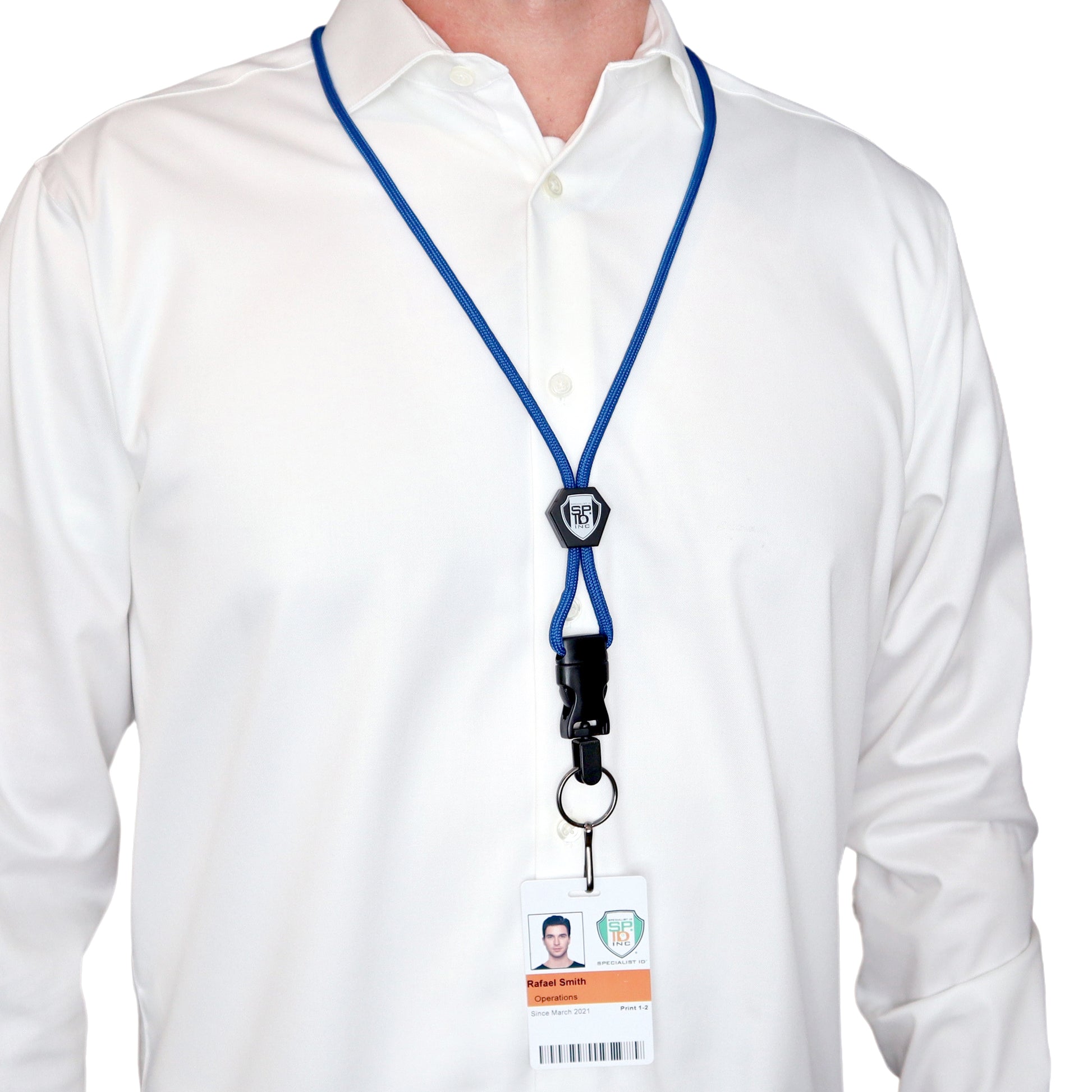 A person in a white shirt is wearing a Heavy Duty Breakaway Lanyard for ID Badges & Keys - Quick Release Keychain Lanyard (SPID-2460) in blue.