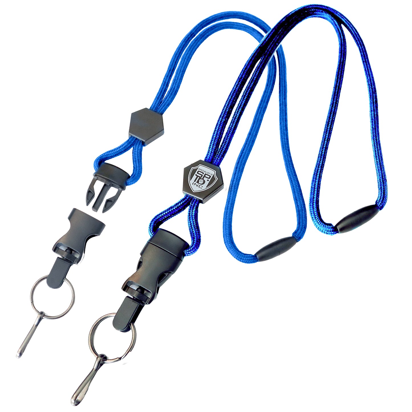 The Heavy Duty Breakaway Lanyard for ID Badges & Keys - Quick Release Keychain Lanyard (SPID-2460) is blue with dual black clips, a hexagonal centerpiece, a retractable cord, and heavy-duty swivel hooks.