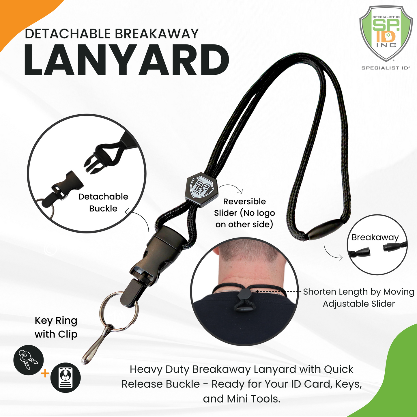 Image of the Heavy Duty Breakaway Lanyard for ID Badges & Keys (SPID-2460) highlighting its features: quick release buckle, reversible slider, detachable key ring with clip, breakaway point, and adjustable length.