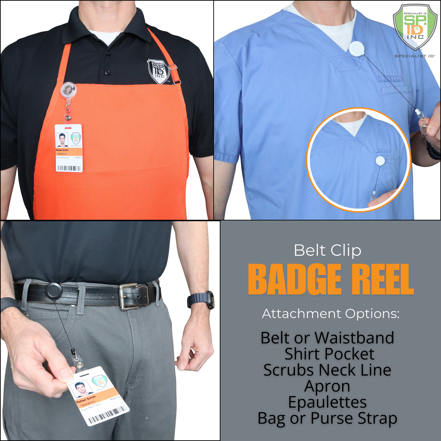 The product images display the Translucent Clear Retractable Badge Reel with Belt Clip (2120-360X) being used in various ways: attached to an apron, a scrubs neckline, a belt or waistband, and a shirt pocket. The description highlights the versatility of the badge reel's convenient belt clip feature for easy attachment.