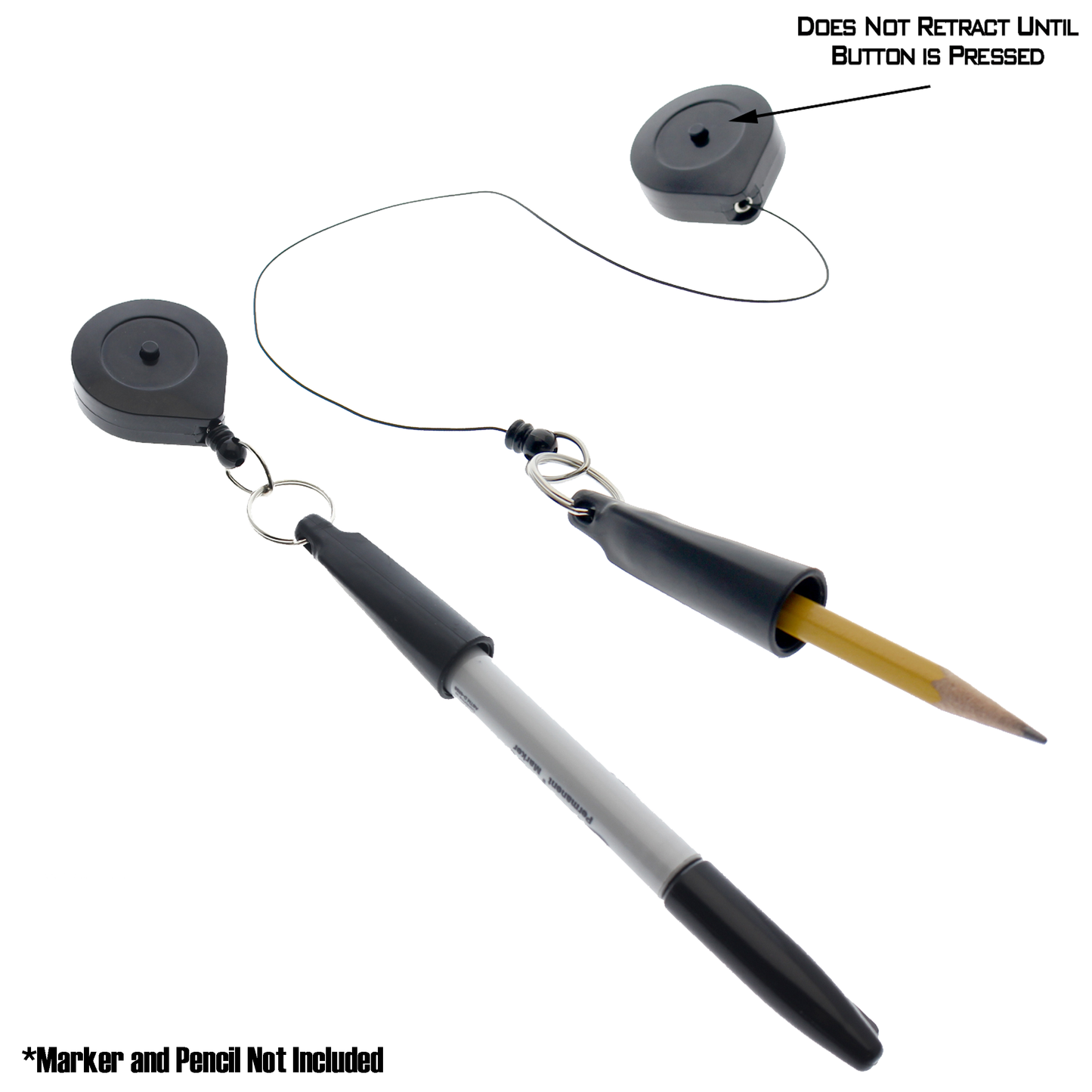 The SPID-3220 Retractable Pen/Pencil Holder features a ratcheting "stay open" pull cord with clips to secure a pen and pencil, plus a belt clip reel and key ring. Marker and pencil not included.