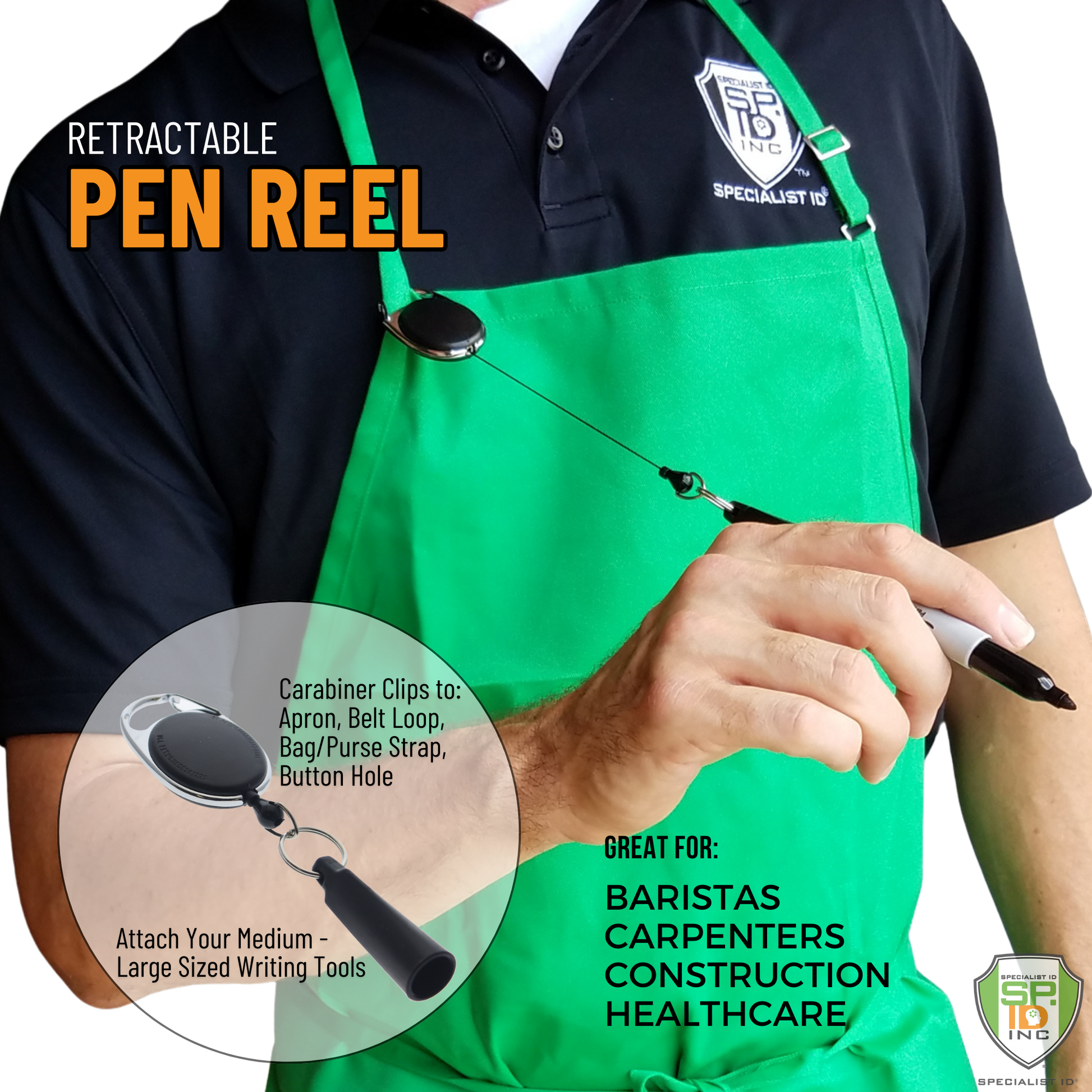 A barista wearing a green apron uses the Retractable Pull Badge Reel Pen / Pencil Holder with Carabiner Clip SPID-3280, securely clipped to their apron. This versatile badge reel is also ideal for carpenters, construction workers, and healthcare professionals.