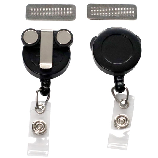 The Magnet Badge Reel (P/N SPID-3370) includes two black retractable reels with clips, metal attachments, and two adhesive mesh accessories. Its sleek design suits any outfit, while its sturdy construction ensures lasting reliability.