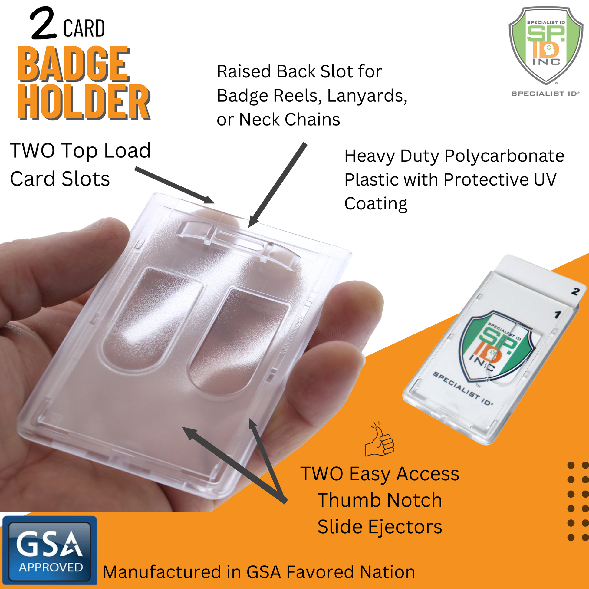 Introducing the Frosted Vertical Rigid 2-Card Access Card Dispenser (1840-6550): transparent, frosted design with two top load slots, raised back for reels/lanyards, durable polycarbonate build, easy access thumb notch slide, and GSA-approved quality.