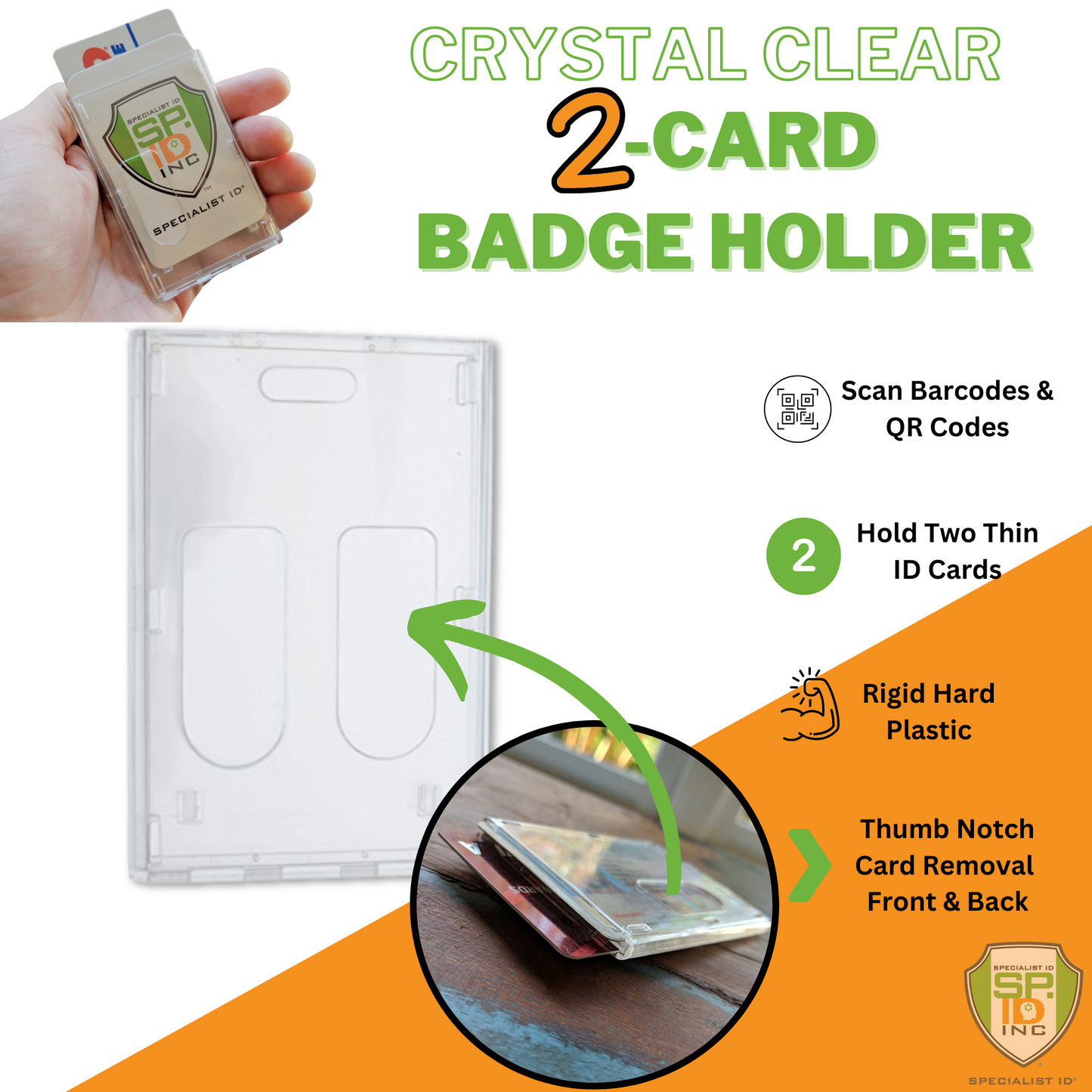 Image featuring the Rigidwear Clear Vertical 2-Card Badge Holder 1840-6560 (Jam P/N 706-NN2), made of rigid hard plastic with thumb notches for easy card removal. This polycarbonate badge holder can scan barcodes and QR codes, seamlessly holding two thin ID cards.