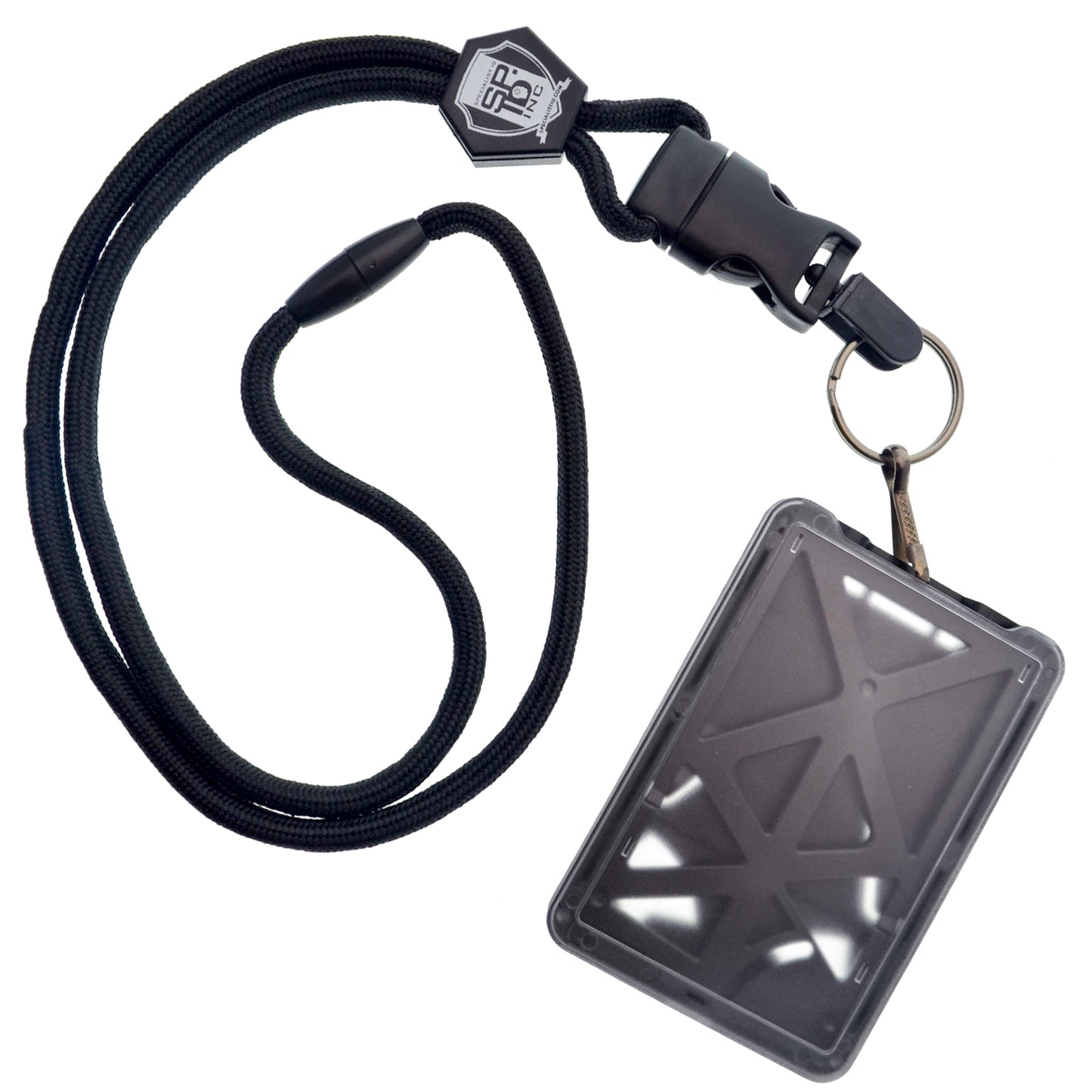 The Top Loading THREE ID Card Badge Holder with Heavy Duty Lanyard, Detachable Metal Clip, and Key Ring by Specialist ID is a stylish black lanyard with a transparent holder that complements professional work attire.