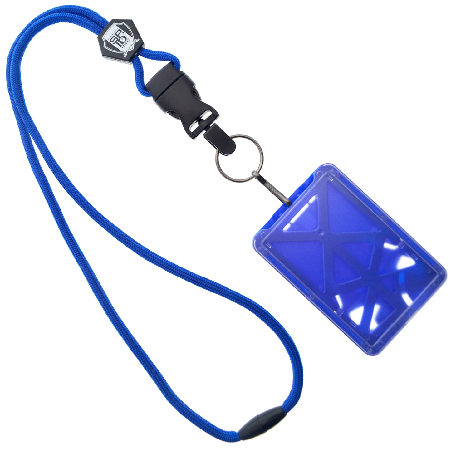 A detachable metal clip lanyard in blue by Specialist ID holds a three ID top-loading badge holder with an abstract geometric design and dual thumb levers for easy access.