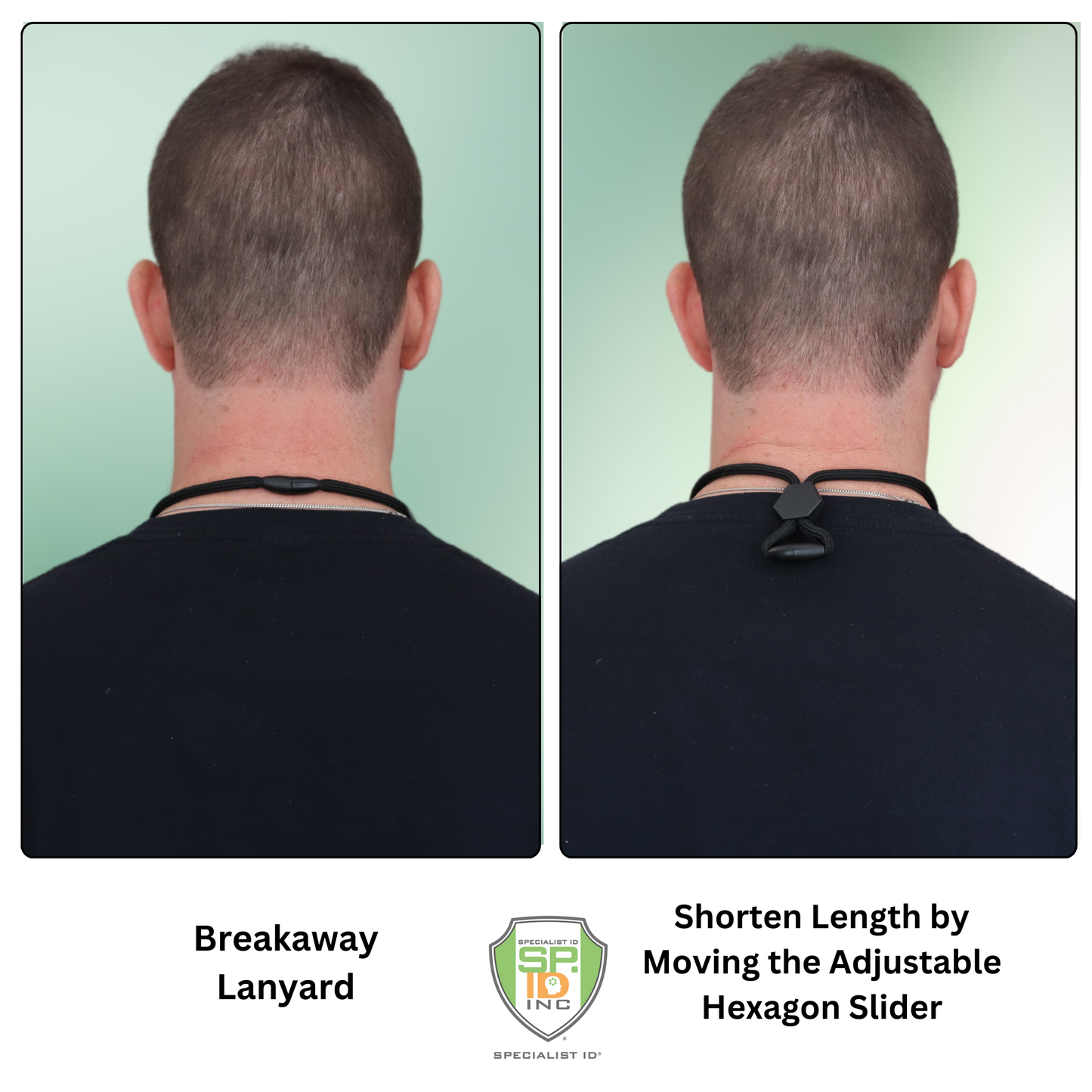 Two images show a person's back with a breakaway lanyard holding ID cards. Left: the Top Loading THREE ID Card Badge Holder with Heavy Duty Lanyard is longer. Right: the hexagon slider shortens it, bringing the badge closer by adjusting Specialist ID's design.